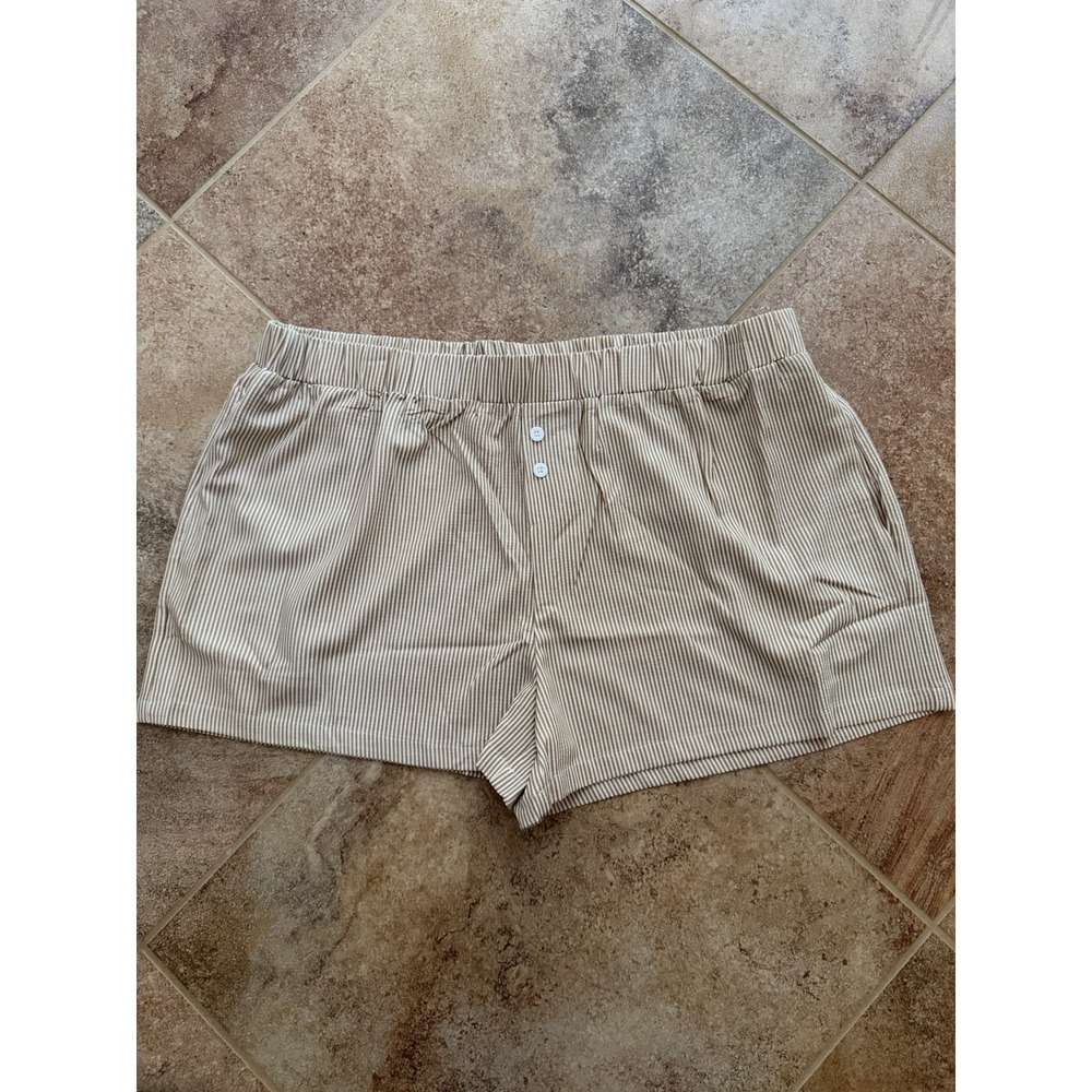 Women's BTFBM Tan Striped Boxer Shorts Elastic Waist Beach Shorts PJ Bottoms XXL